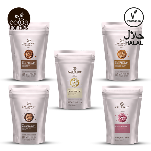 Five packages of Callebaut Crispearls on a white background with branding logos.