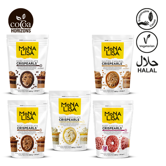 Five packages of Mona Lisa Crispearls with different flavors on a white background, featuring the Cooca Horizons brand.