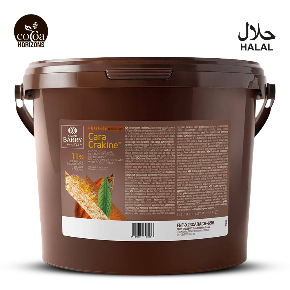 Brown bucket with a label featuring 'Cara Cara' chocolate, 'Barry Callebaut' brand, and 'Cocoa Horizons' logo on a white background.