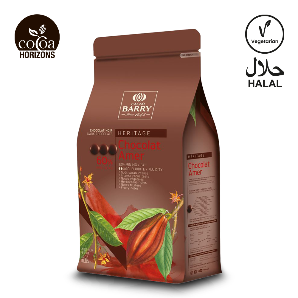 Cacao Barry chocolate packaging with cacao beans and leaves on a white background