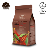 Cacao Barry chocolate packaging with cacao beans and leaves on a white background