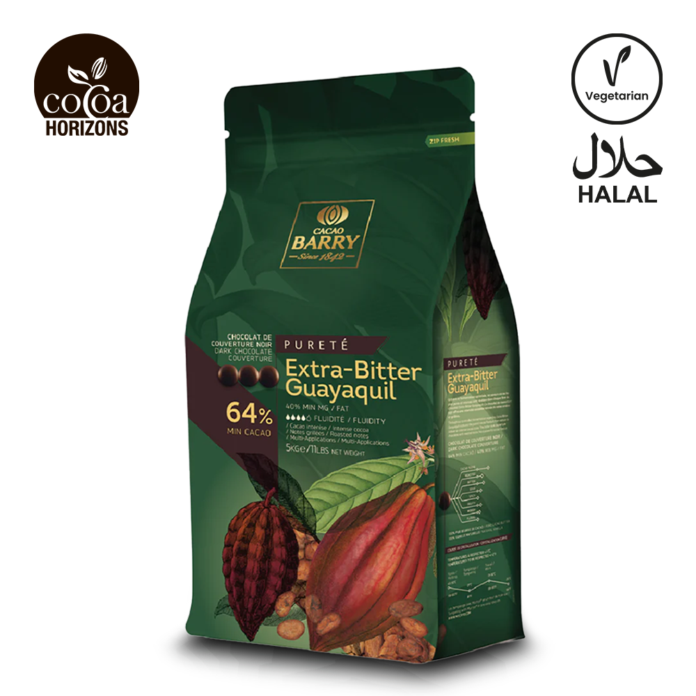 Cacao Barry chocolate packaging with cacao beans and leaves on a white background