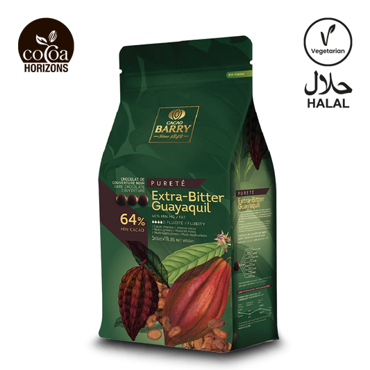 Cacao Barry chocolate packaging with cacao beans and leaves on a white background