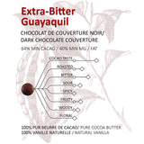 Dark chocolate couverture label with flavor profile and cocoa bean illustration
