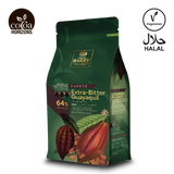 Cacao Barry chocolate packaging with cacao beans and leaves on a white background