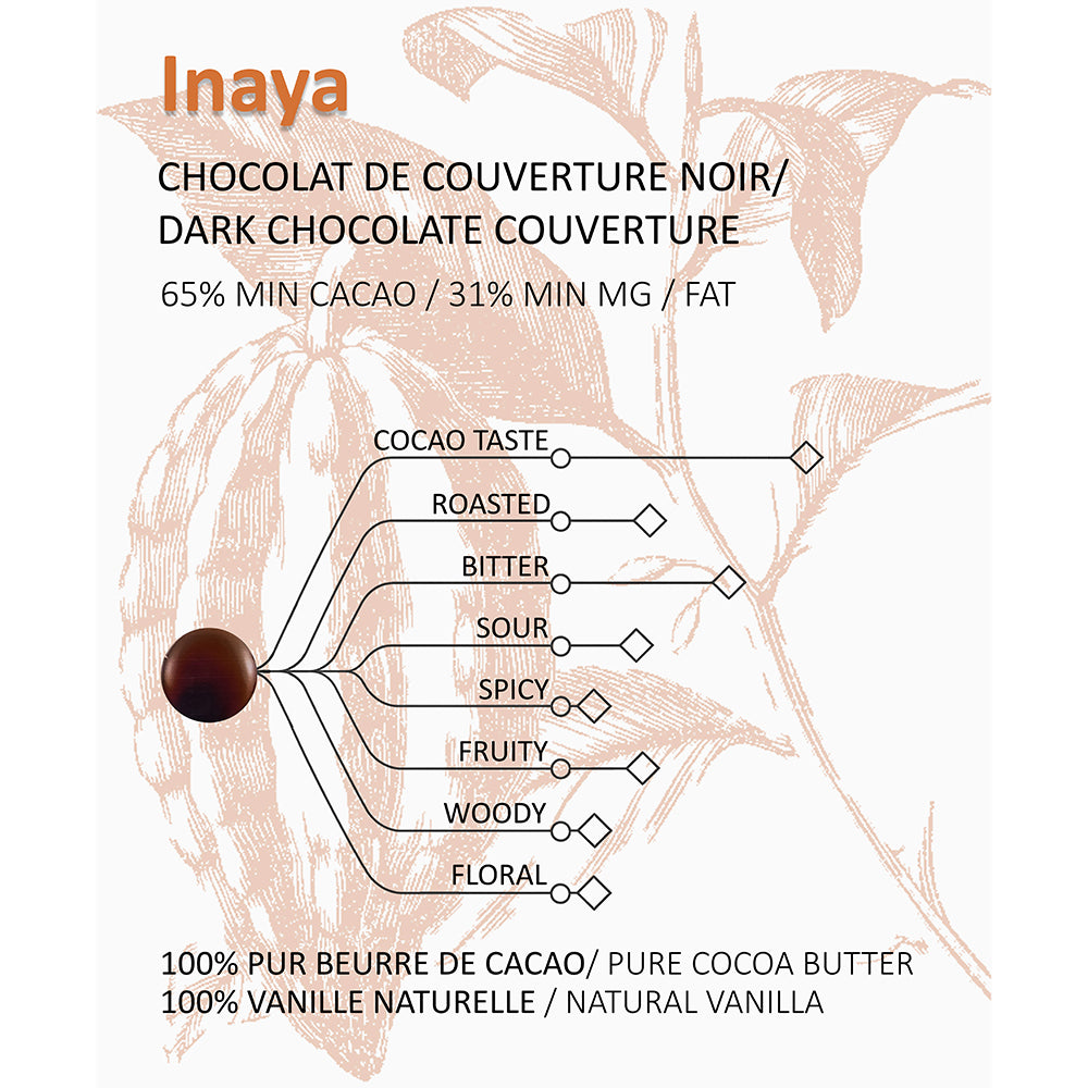 Inaya dark chocolate couverture flavor profile with cocoa bean illustration