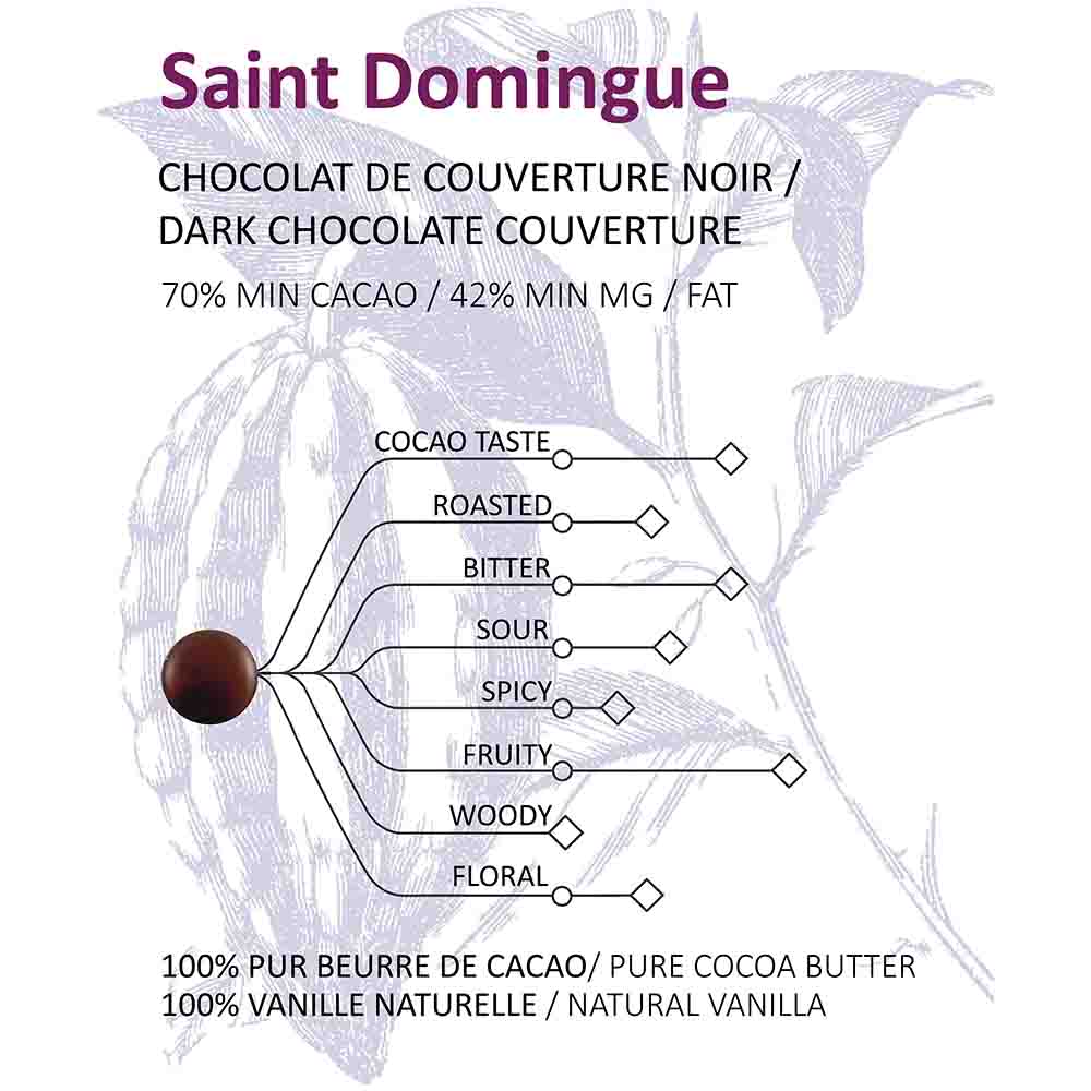 Dark chocolate bar with flavor profile text and cocoa bean illustration on a white background