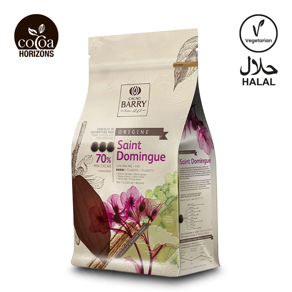 Cocoa Barry Saint Domingue chocolate packaging with branding and certification logos.