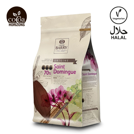 Cocoa Barry Saint Domingue chocolate packaging with branding and certification logos.