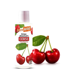A bottle of Cérise Cherry Flavored Hèrôme Alimentaire (Deco Relief) shown next to three fresh red cherries on a white background.