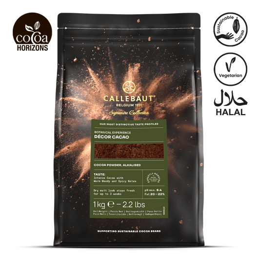 Callebaut Decor Cacao packaging with branding and certification logos on a white background