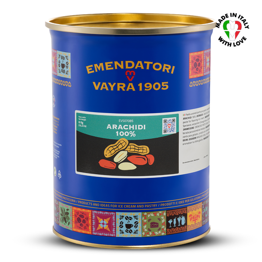 Emendatori Vayra 1905 Peanut paste for ice cream and desserts with blue label and gold lid on a white background