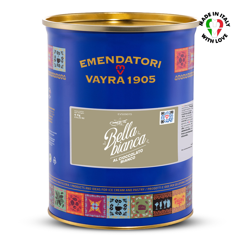 Blue canister of white chocolate variegato with gold lid featuring Emendatori Vayra 1905 branding on a white background.