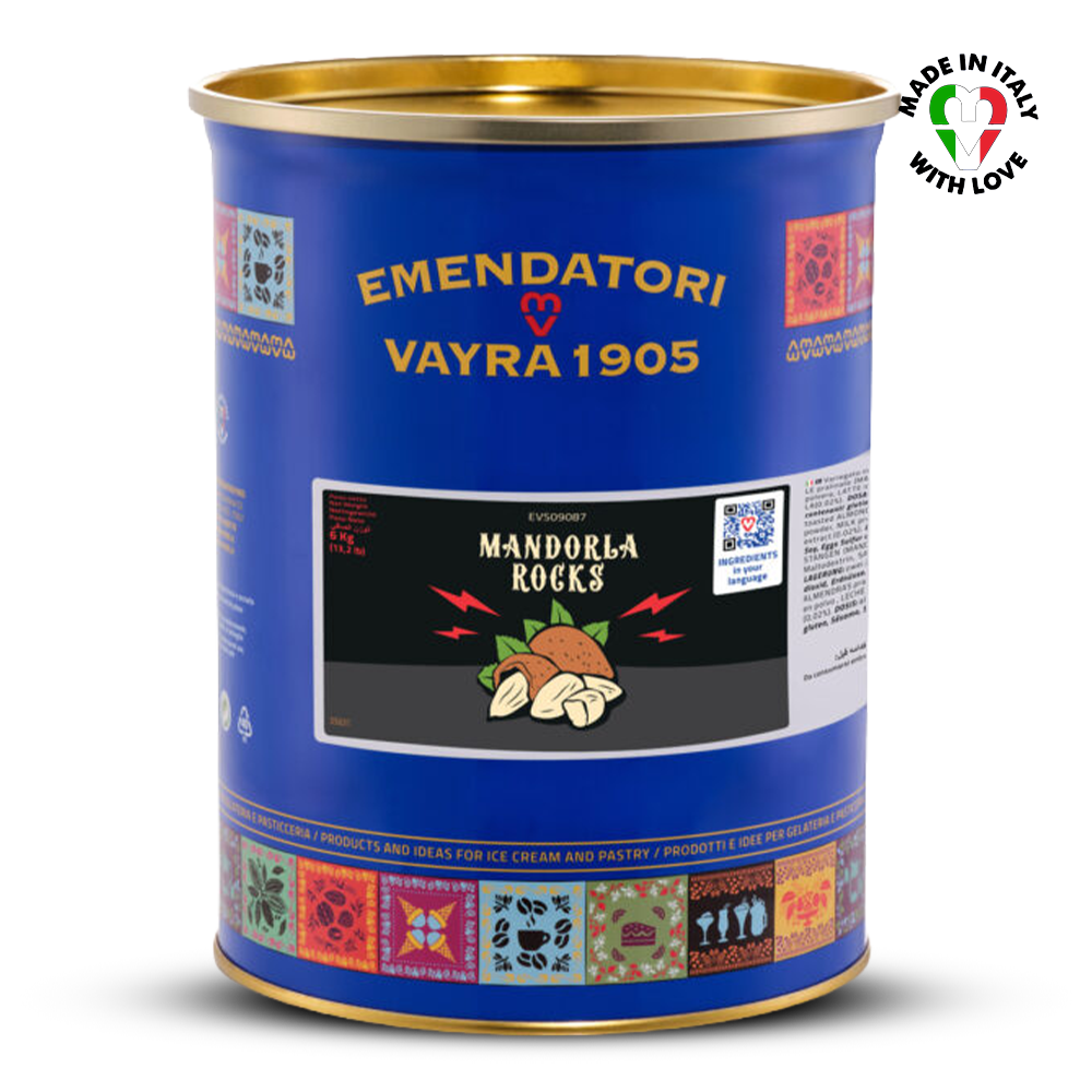 EVS09087 Mandorla Rocks Sweet Almond Praline Crunch 6kg | Ripple Cream Blue can with gold lid featuring Emendatori Vayra 1905 branding on a white background