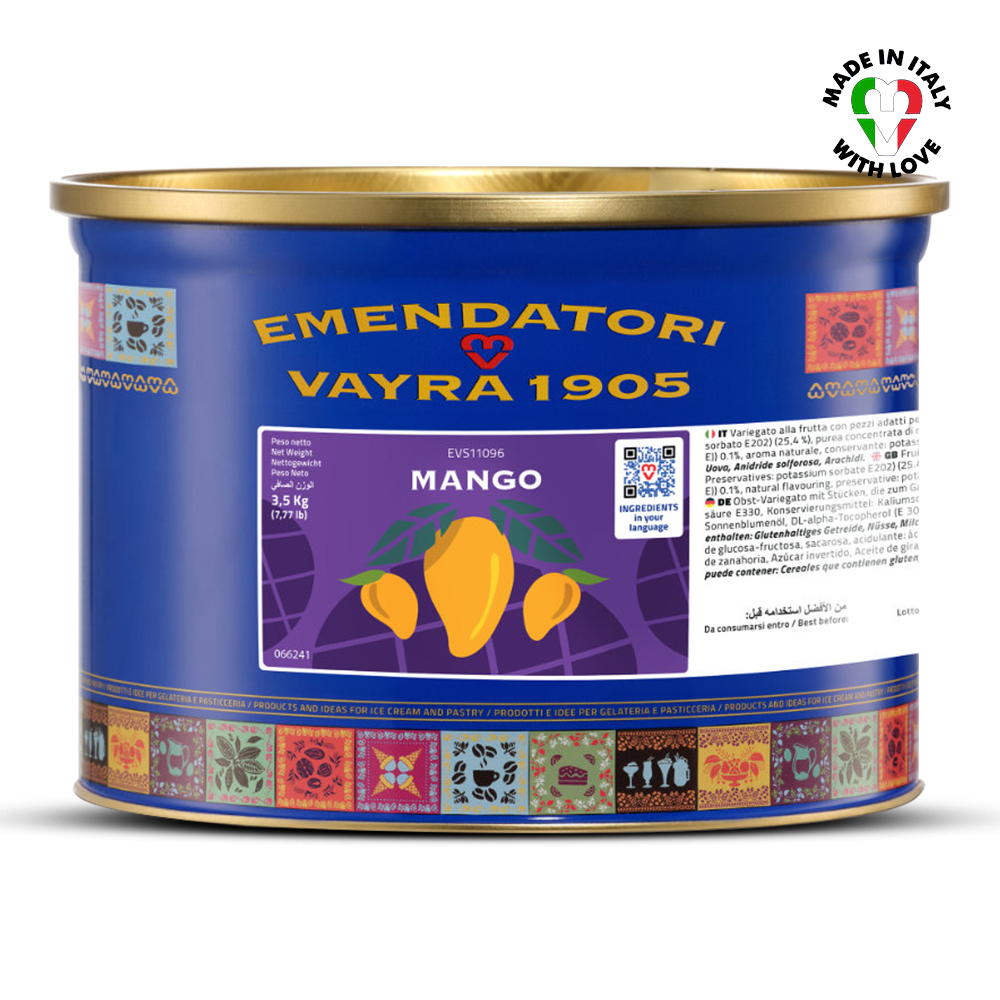 Emendatori Vayra 1905 Real Mango Variegato for Artisanal Gelato with blue label and gold lid on a white background
