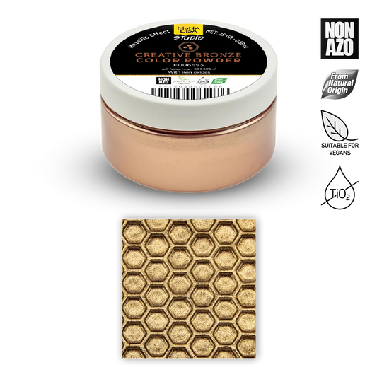 Jar of creative bronze color powder with a sample swatch on a white background