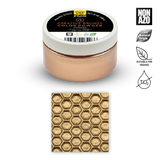 Jar of creative bronze color powder with a sample swatch on a white background