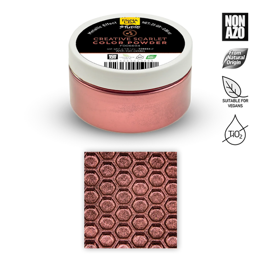 Jar of pink metallic powder with a sample on a white background, featuring Non Azo and vegan suitability logos.