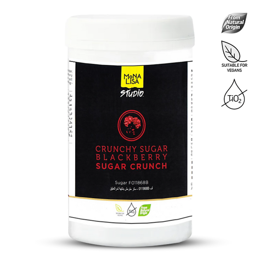 Container of crunchy sugar blackberry flavor with Mona Lisa Studio branding on a white background