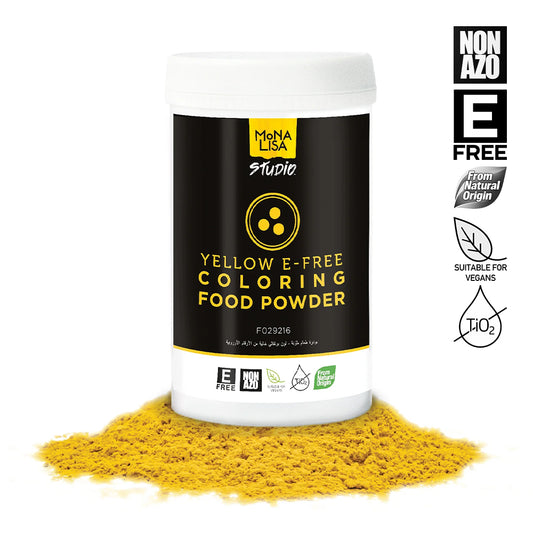 Yellow coloring food powder with a container labeled 'Mona Lisa Studio' on a white background
