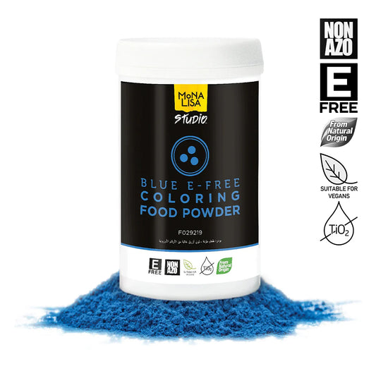 Container of blue food coloring powder with a visible label on a white background
