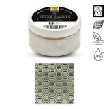 A tub of Rubie's Creative Silver Color Powder shown on a white background, with a small inset swatch of the powder's textured silver-gray appearance below the container.右侧 includes Non-Azo, natural origin, suitable for vegans, and H2O2 certification icons.