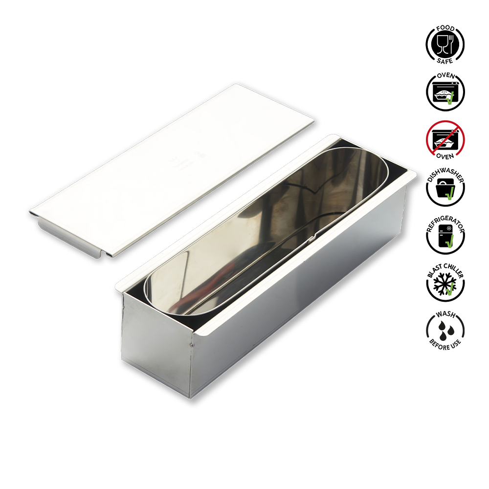 Metallic container with lid on a white background, surrounded by icons indicating safe use and care instructions.