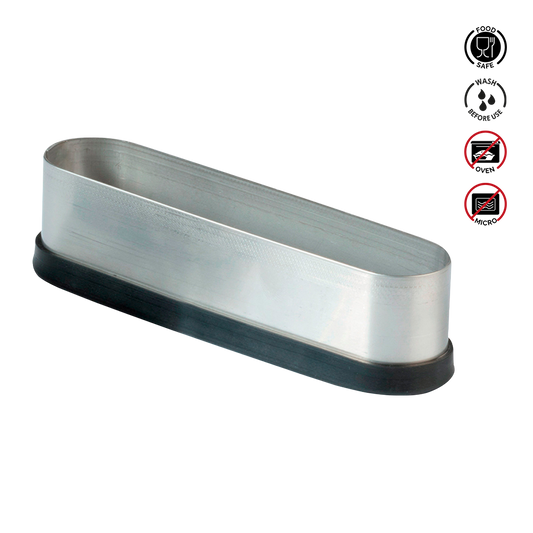 Metallic container with black base on a white background