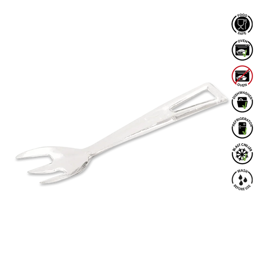 Metallic serving fork on a white background with icons indicating food safe, oven safe, and other usage instructions.
