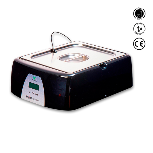 Black ultrasonic cleaner with digital display on a white background