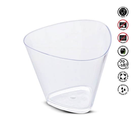 Clear plastic cup with recycling and safety symbols on a white background