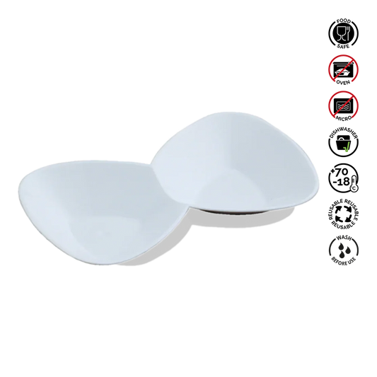 Two white bowls with safety and care instructions on a white background