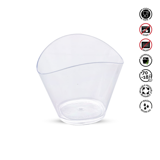 Clear plastic cup with recycling and disposal symbols on a white background