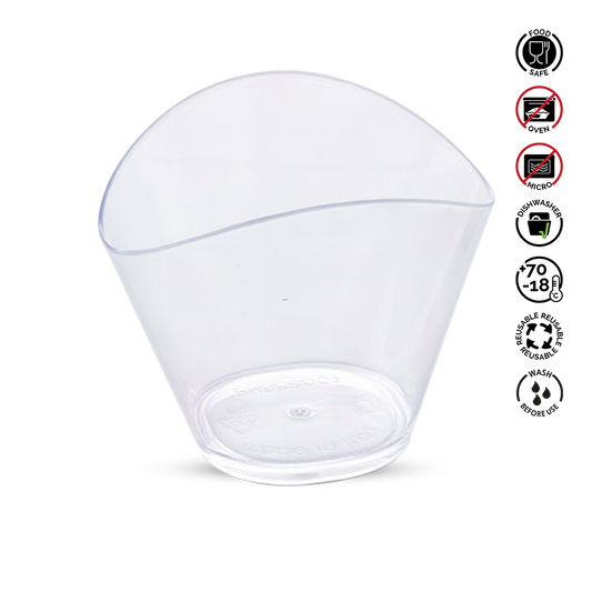 Clear plastic container with recycling and care instructions on a white background