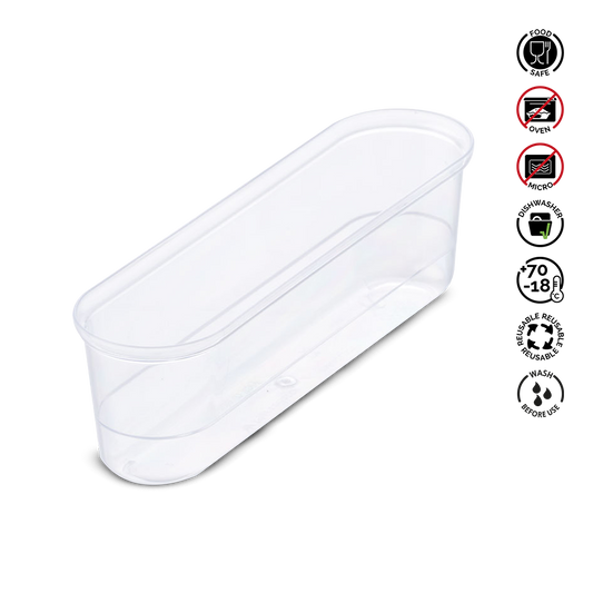 Clear plastic container with food safety symbols on a white background