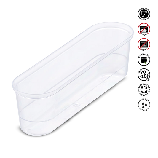 Clear plastic container with labels indicating safe use, oven safety, microwave safety, dishwasher safety, and storage temperature.