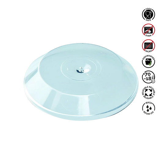 Clear plastic lid with food safety symbols on a white background