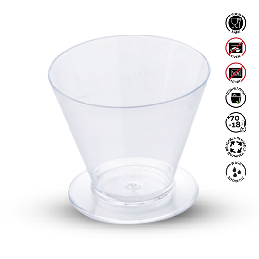 Clear plastic cup with usage instructions on a white background