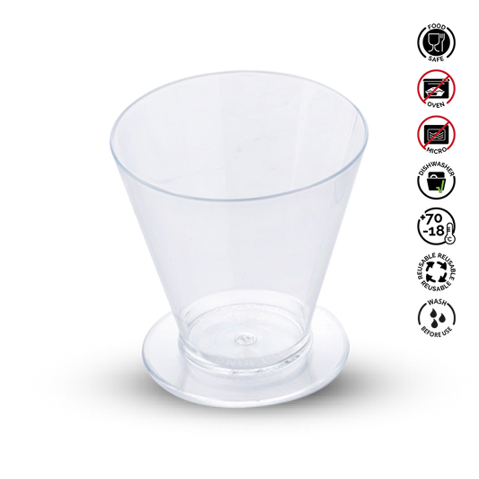Clear plastic cup with recycling and safety symbols on a white background