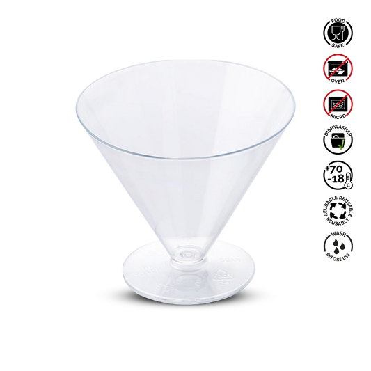 Clear plastic martini glass with recycling symbols on a white background