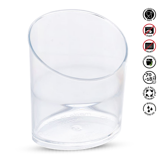 Clear glass container with recycling and care instructions on a white background
