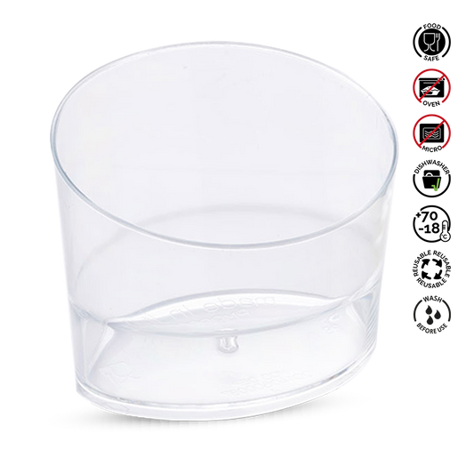 Clear plastic container with recycling and care instructions on a white background