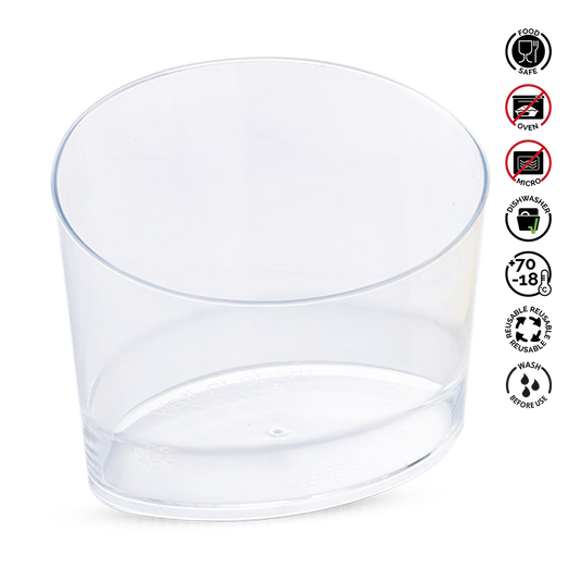 Clear plastic container with recycling and care instructions on a white background