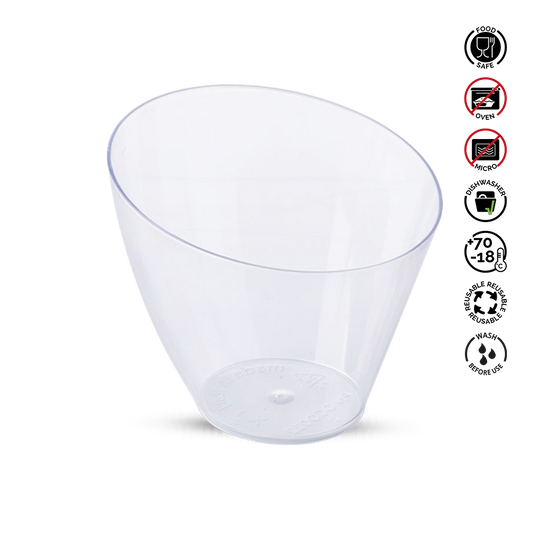 Clear plastic cup with recycling and safety symbols on a white background