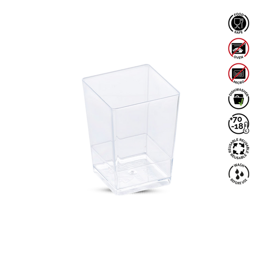 Clear plastic container with recycling and care instructions on a white background