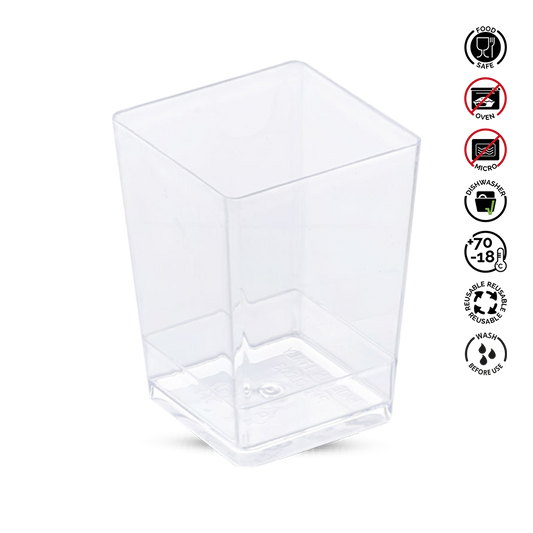 Clear plastic container with recycling and care instructions on a white background