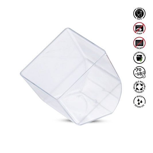 Clear plastic container with food safety symbols on a white background