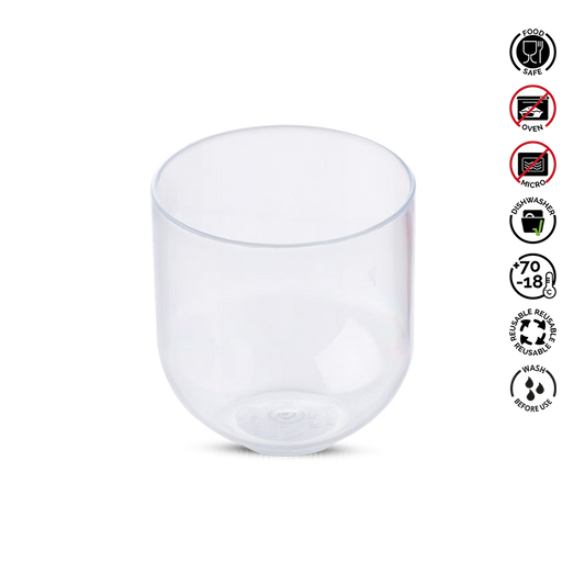 Clear glass cup with safety and care instructions on a white background