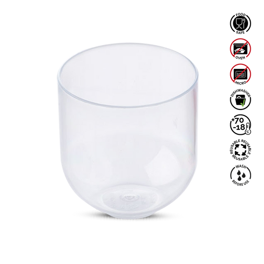 Clear glass cup with safety and care instructions on a white background