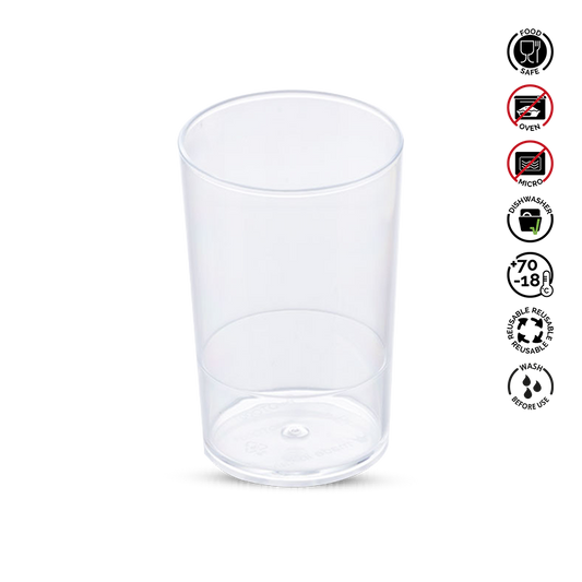 Clear plastic cup with recycling and safety symbols on a white background